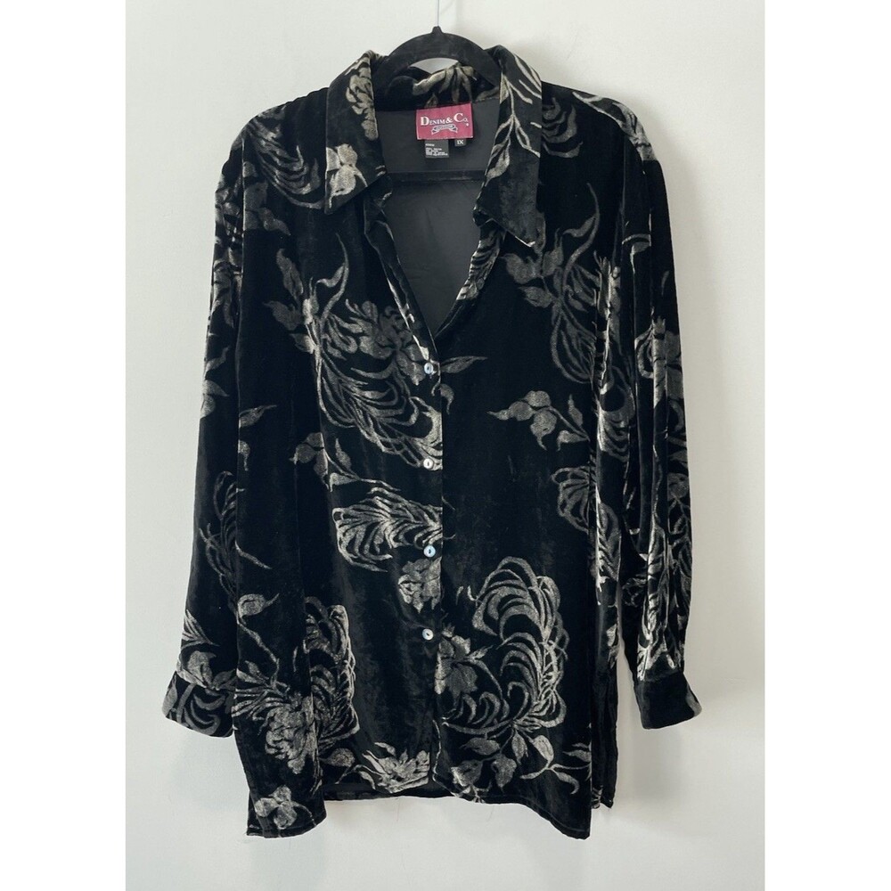Denim & Co 1x Black Velvet Button Up Shirt Silver Floral Witchy Whimsigoth